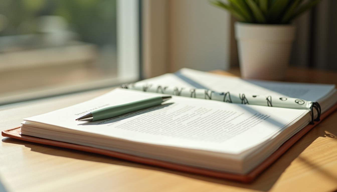 Open notebook with a pen on a desk in morning light