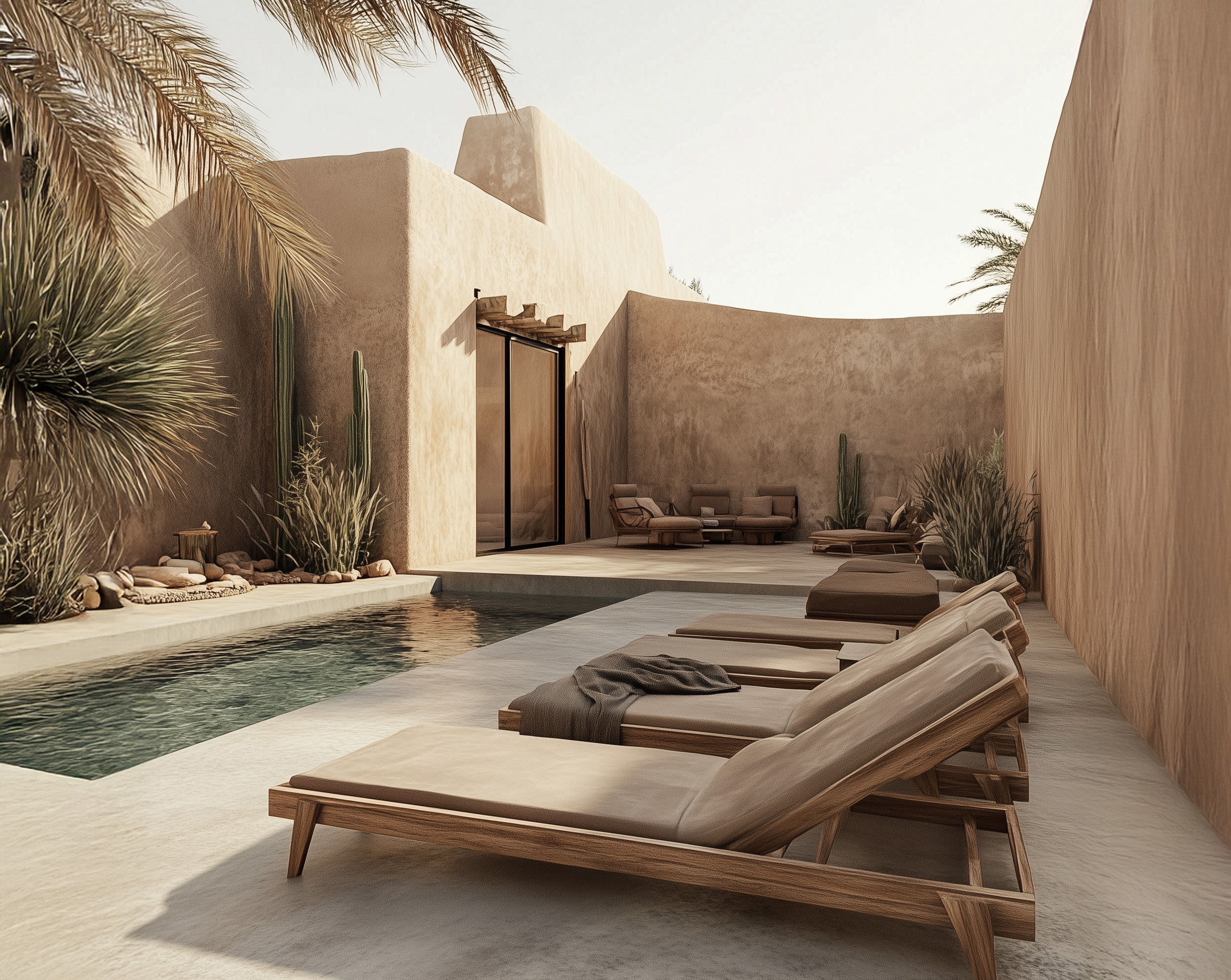 Sunlit resort courtyard with loungers beside a pool