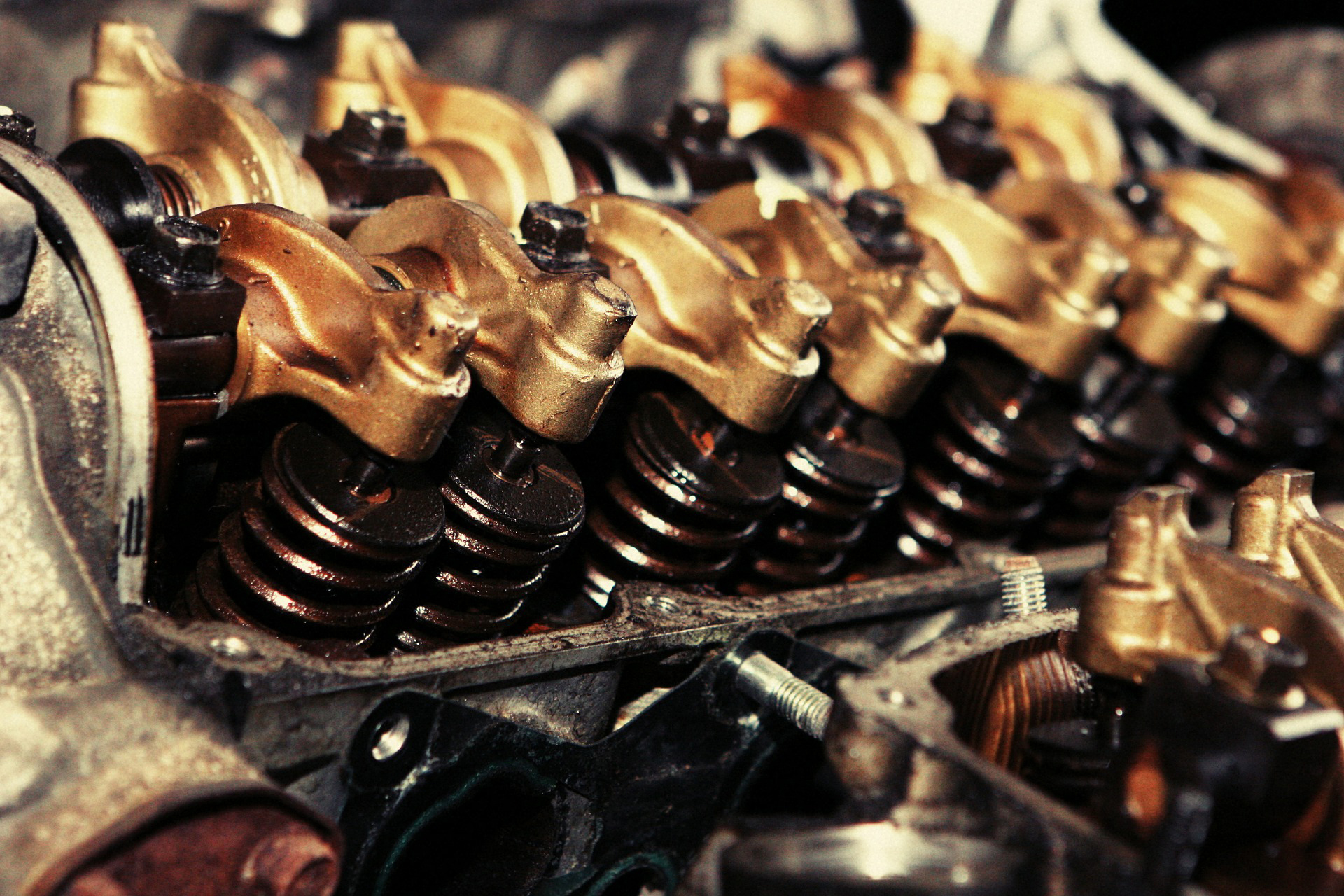 Close-up of polished engine components